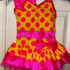Vibrant Pink and Yellow Polka Dot Kids Dance Costume
